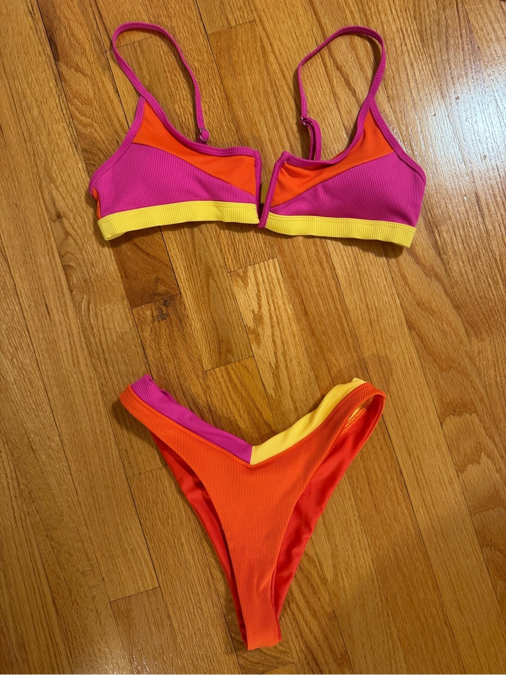 Color Block Pink Orange Yellow Bikini Set